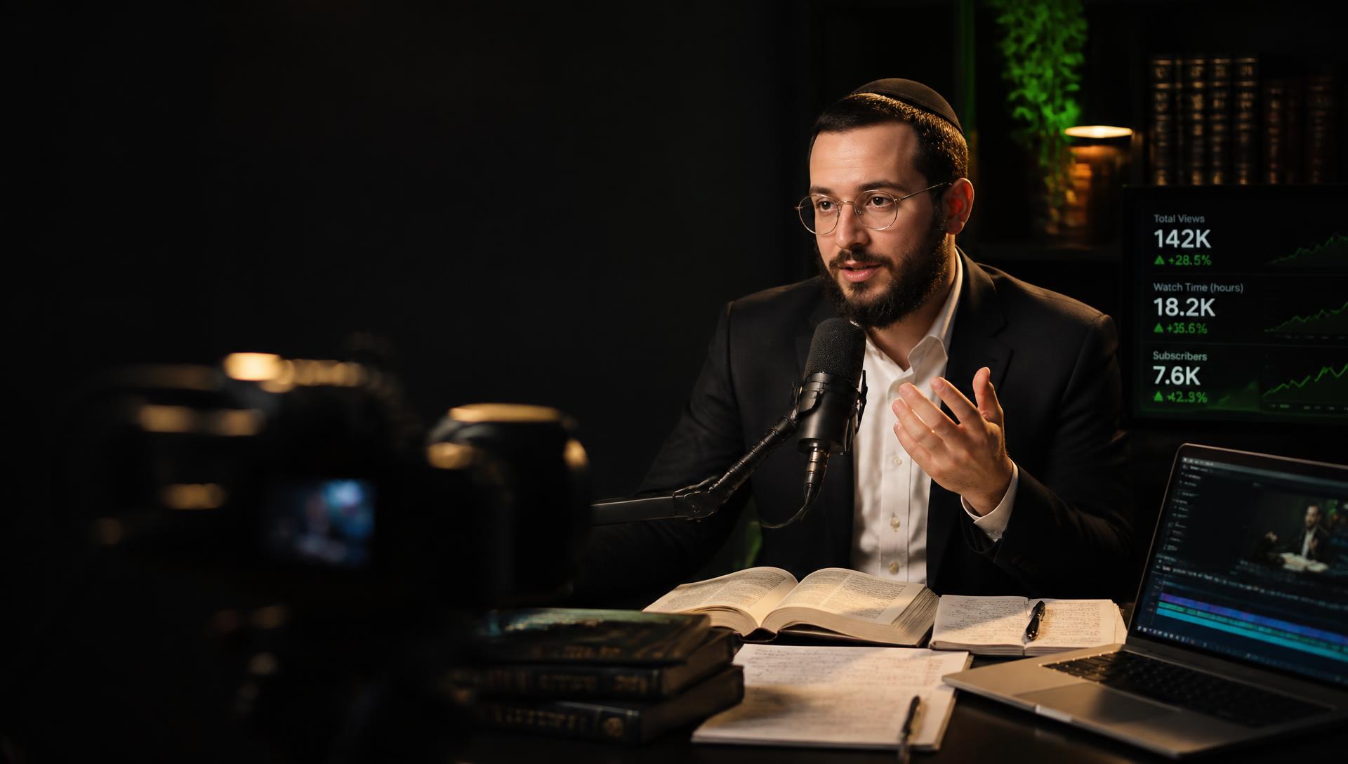 A Torah teacher recording a shiur in a modern media studio